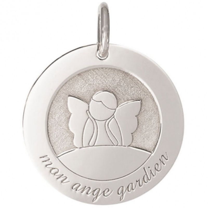 Médaille de naissance Ange Gardien personnalisable 18 mm (or blanc 750°) Je t'Ador