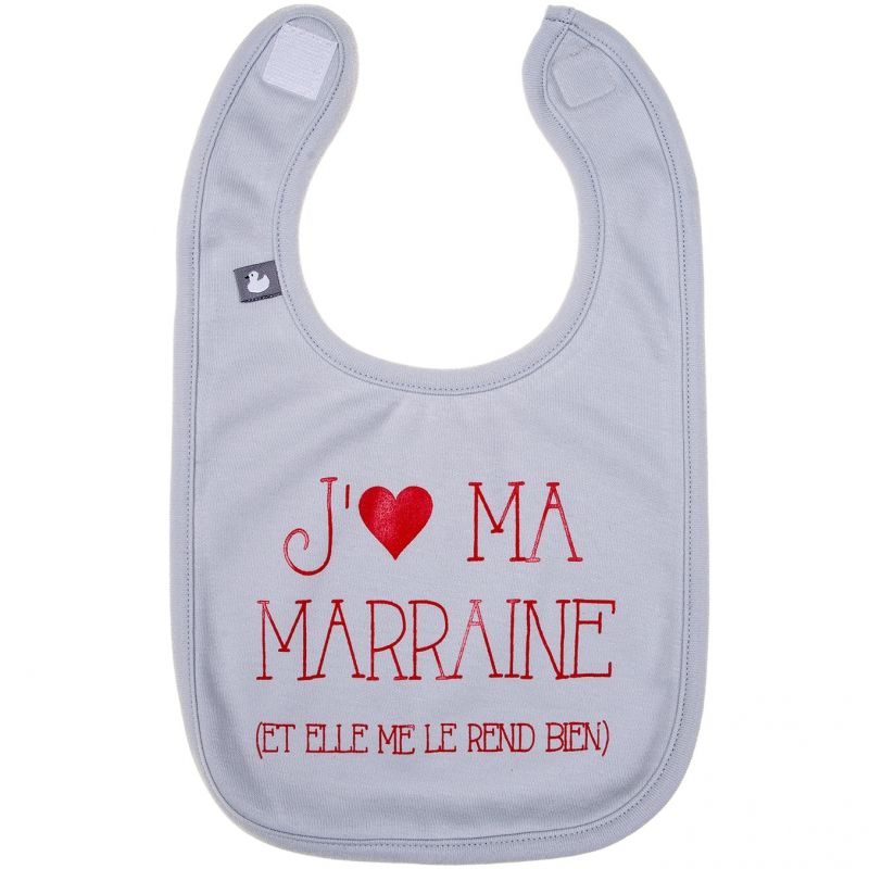 Bavoir à velcro coton J'aime ma marraine gris clair BB & Co