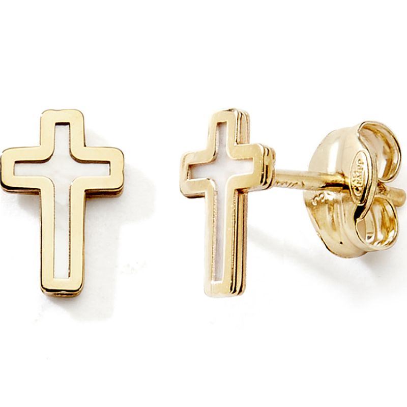Boucles d'oreilles Croix avec nacre (or jaune 375°) Baby bijoux