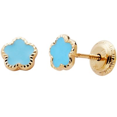 Boucles d'oreilles Fleur laquée Bleue (or jaune 375°)