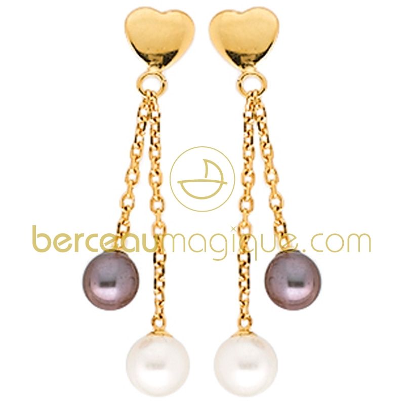 Boucles d'oreilles coeur pendantes et perles (or jaune 750°)  Berceau magique bijoux