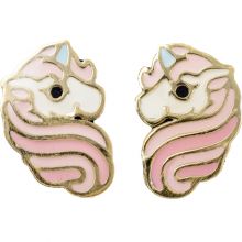 Boucles d'oreilles licorne émaillée rose (or jaune 375°)  par Daniel Crégut