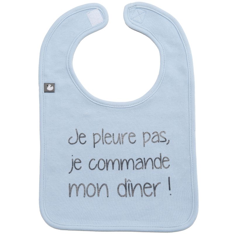 Bavoir à velcro Je pleure pas, je commande mon dîner bleu ciel BB & Co