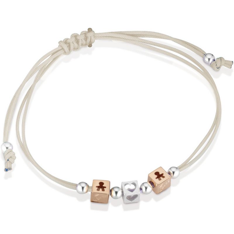 Bracelet cordon beige 2 cubes garçon 1 cube coeur (or rose 375° et argent 925°) leBebé