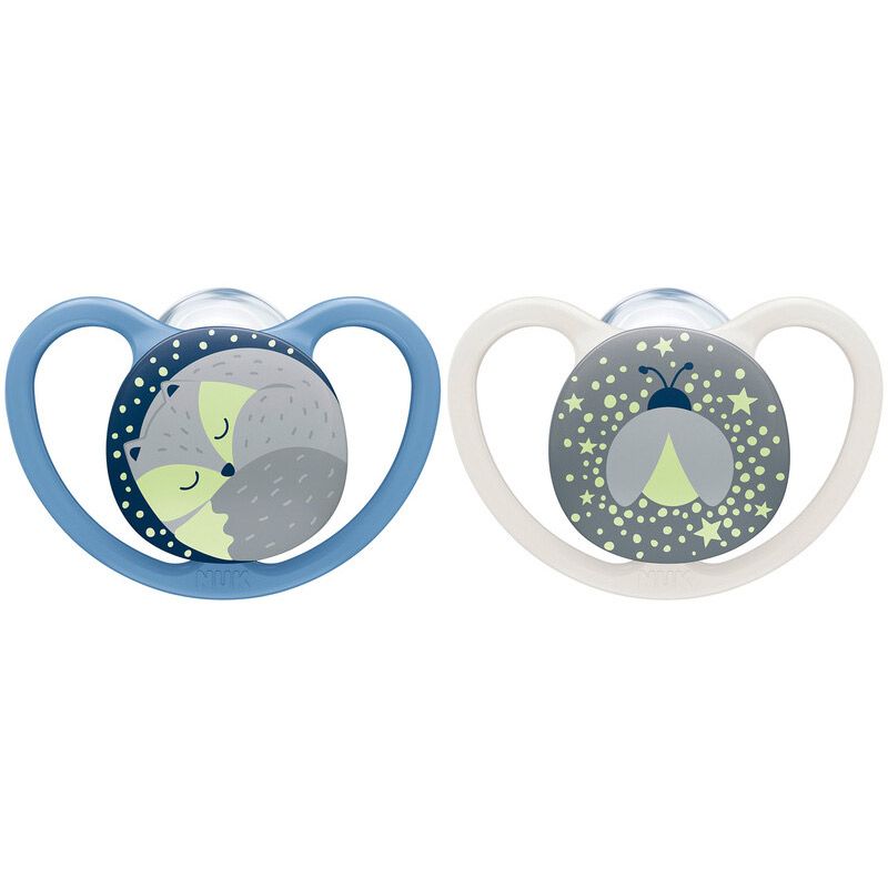 Lot de 2 sucettes physiologiques phosphorescentes Space renard et coccinelle (18-36 mois) NUK