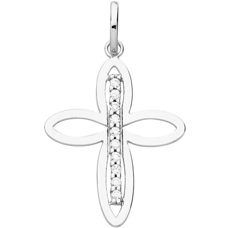 Pendentif Croix ajourée et barrette diamentée 20 mm (or blanc 375°) Berceau magique bijoux