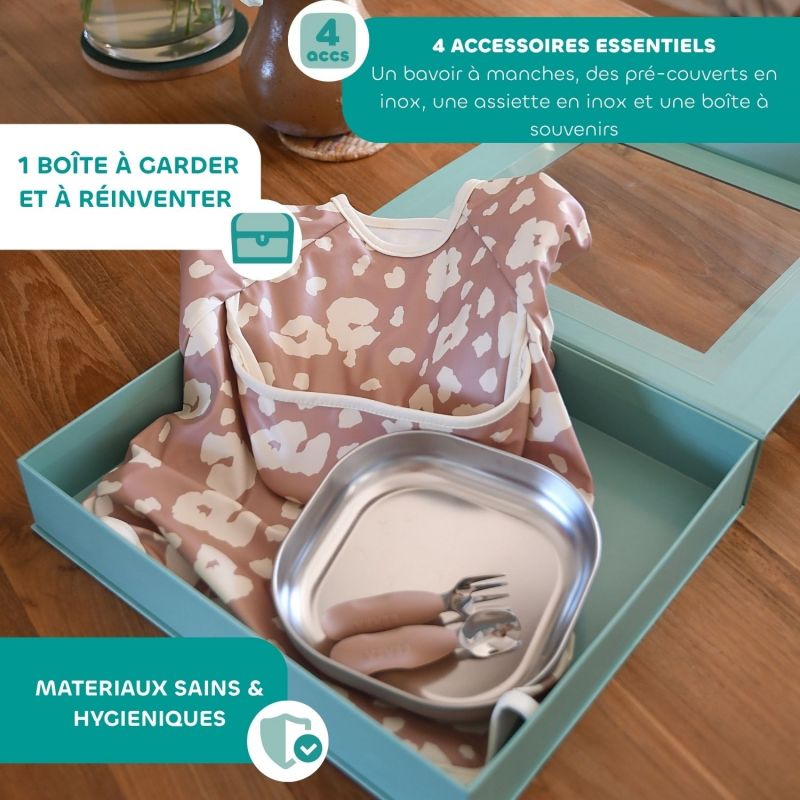 Coffret cadeau set repas couverts et bavoir Savannah Bloom Béaba Ambiance 6