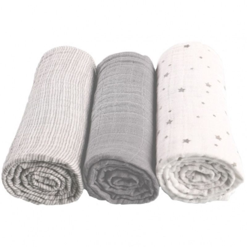 Lot de 3 langes en coton bio étoiles grises Mix & match (70 x 70 cm) Noukie's