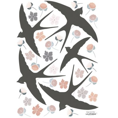 Stickers Adèle fleurs et hirondelles (29,7 x 42 cm)