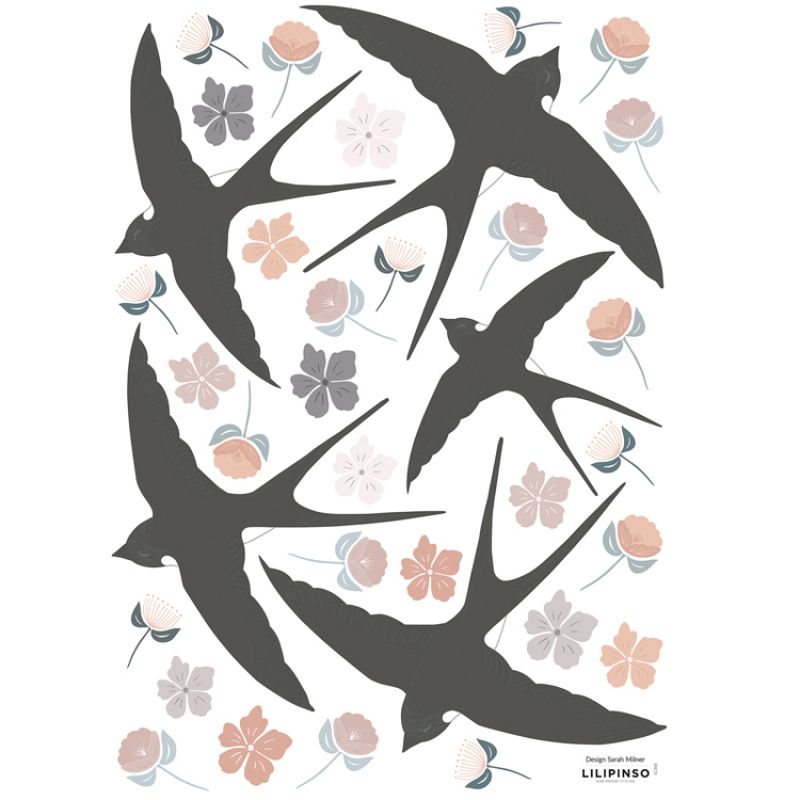 Stickers Adèle fleurs et hirondelles (29,7 x 42 cm) Lilipinso