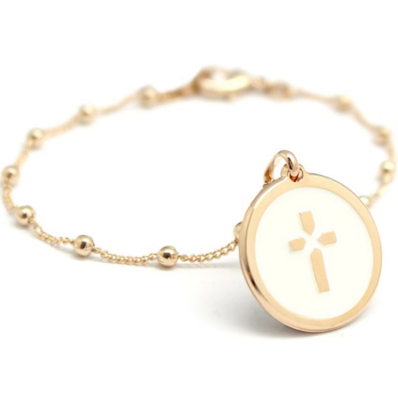 Bracelet femme Croix ivoire chaîne perlée plaqué or (personnalisable) Petits trésors