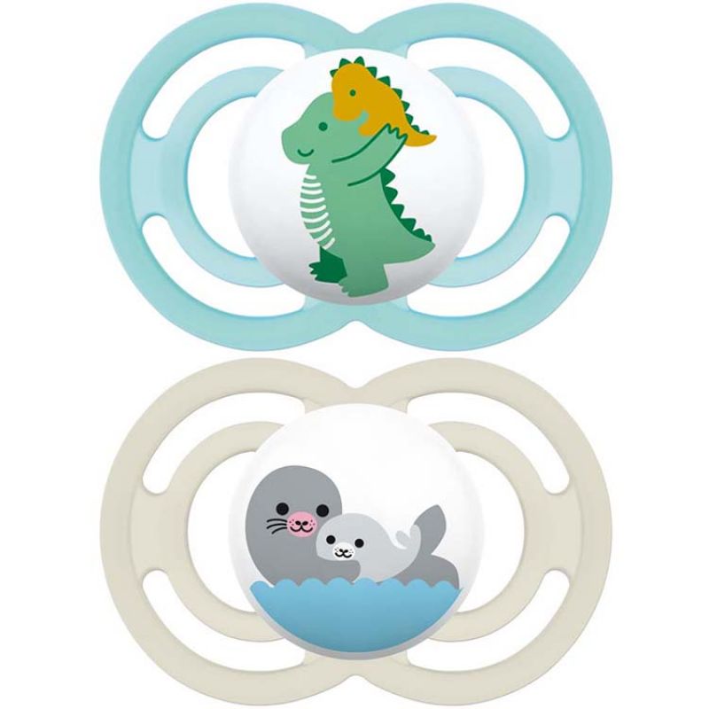 Lot de 2 sucettes anatomiques Perfect dinosaure et phoque (18 mois et +) MAM