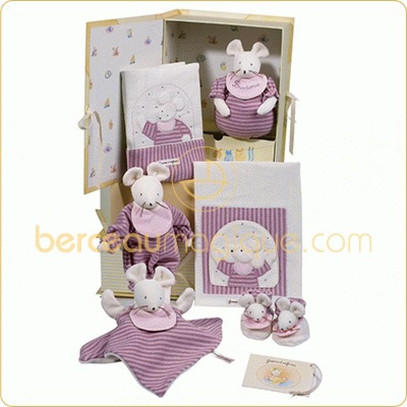 Coffret de naissance Souris rose (Avec broderies) Moulin Roty