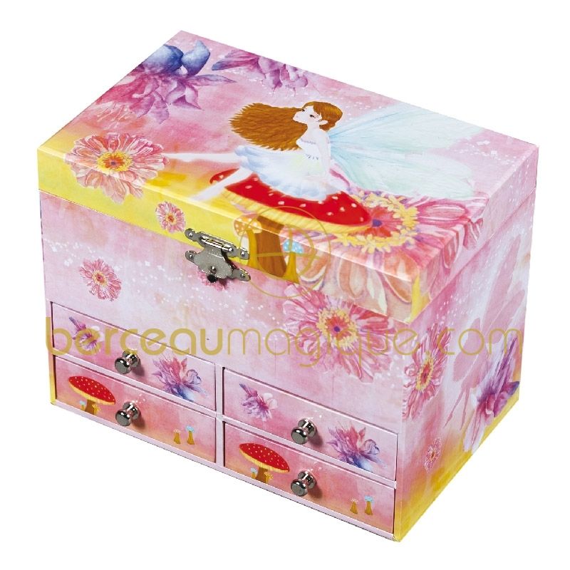 Grande boîte à bijoux musicale 4 tiroirs Fée rose Trousselier