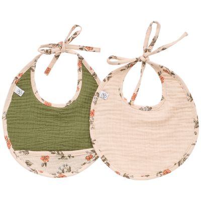 Lot de 2 bavoirs naissance gaze de coton fleurs beige et fougère BB & Co