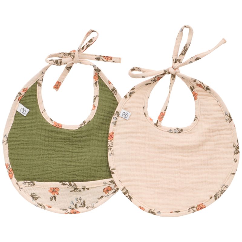 Lot de 2 bavoirs naissance gaze de coton fleurs beige et fougère BB & Co Produit 1