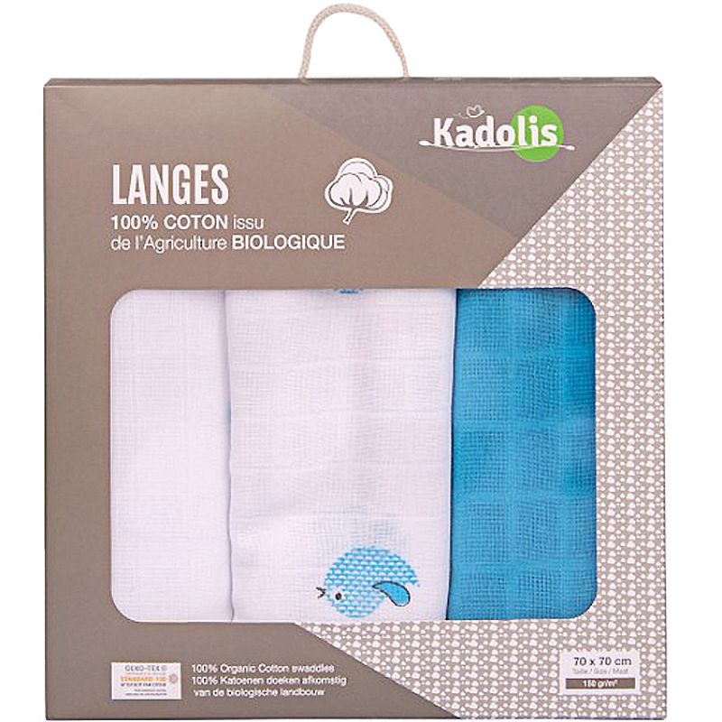 Lot de 3 langes en coton bio Oiseau bleu (70 x 70 cm) Kadolis