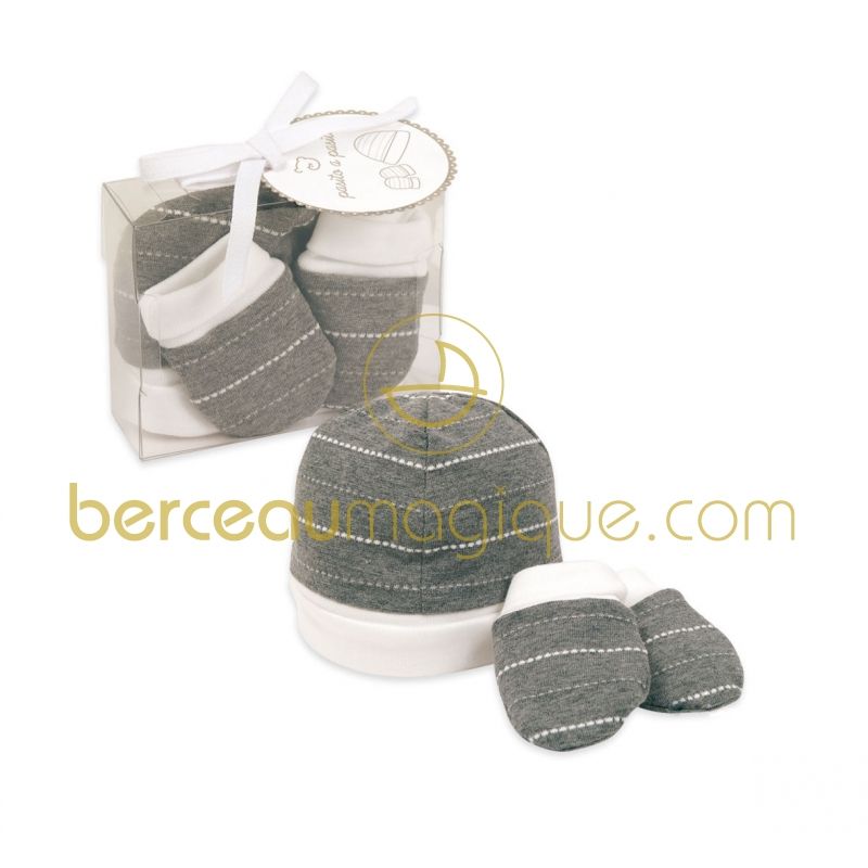 Coffret de naissance bonnet et moufles  Pasito a pasito