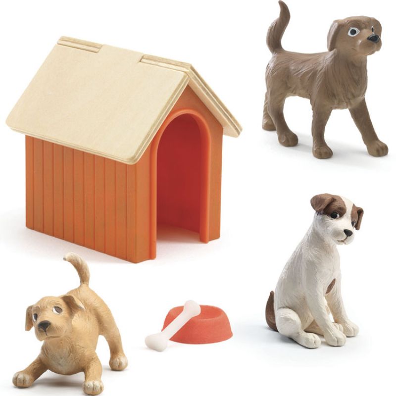 3 figurines chiens + niche Djeco