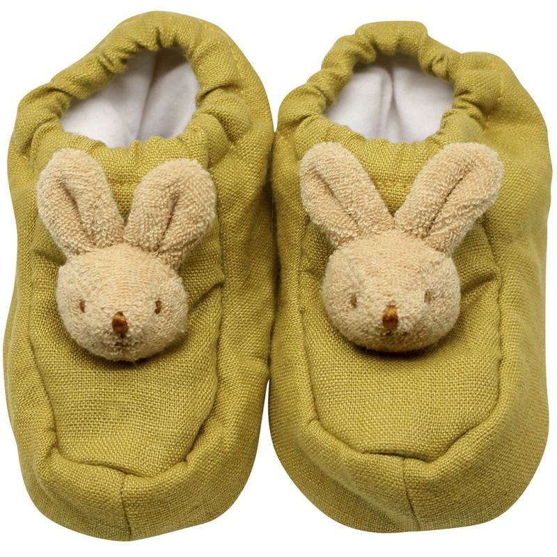 Chaussons lapin en lin jaune curry et pochette de rangement en coton (0-2 ans) Trousselier