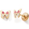 Boucles d'oreilles Papillon laqué rose et blanc (or jaune 9 carats) - Baby bijoux