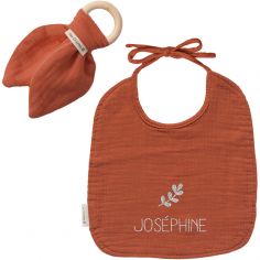 Set de naissance bavoir et anneau de dentition terracotta (personnalisable) - Les Griottes