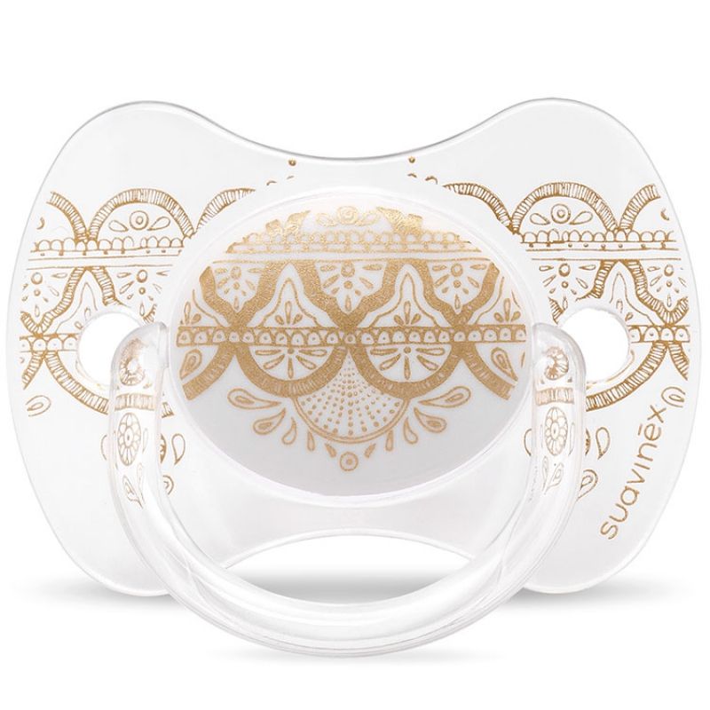 Sucette anatomique réversible Couture Ethnic blanc et doré en silicone (18 mois et +) Suavinex