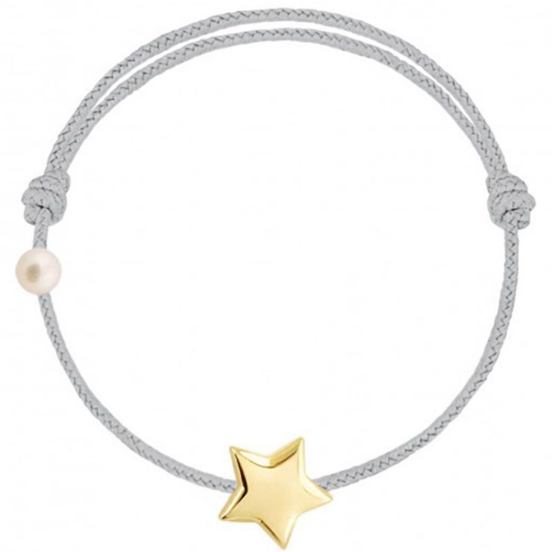 Bracelet cordon Etoile et perle  gris (or jaune 750°) Claverin