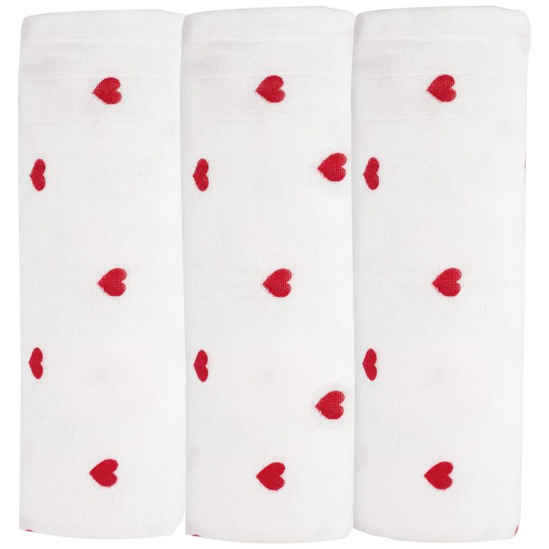Lot de 3 langes en mousseline Cœurs Rouge (70 x 70 cm) Trois Kilos Sept Produit 1