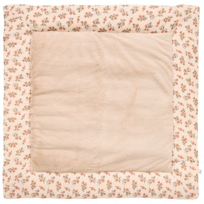 Tapis de jeu réversible et fond de parc fleurs et fausse fourrure beige (100x100 cm)