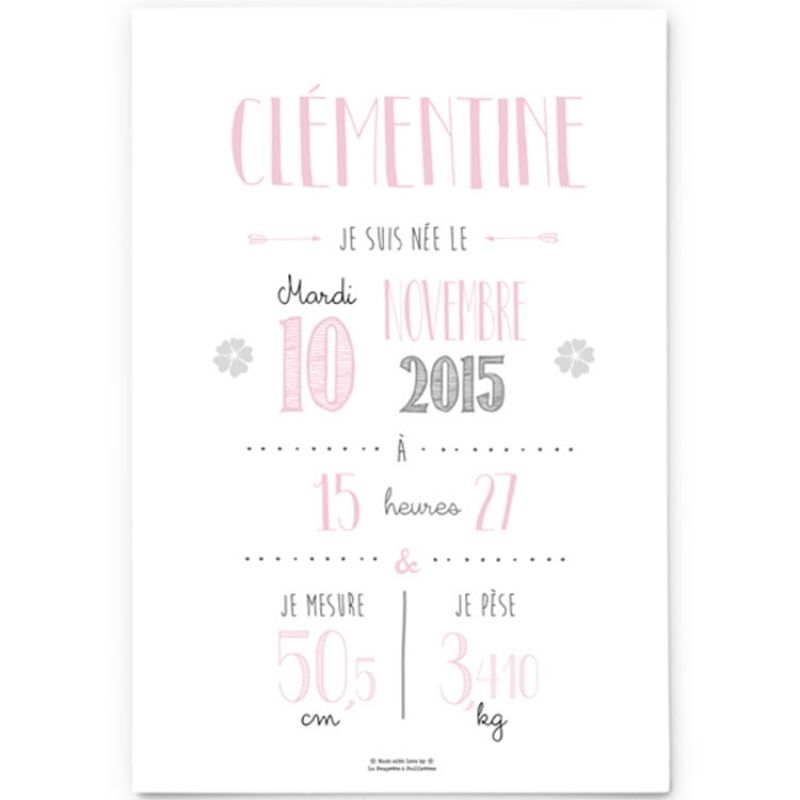 Affiche de naissance A3 rose pâle (personnalisable) La Poupette à paillettes