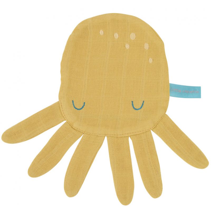 Doudou plat en coton bio Octopuce jaune moutarde Little Crevette
