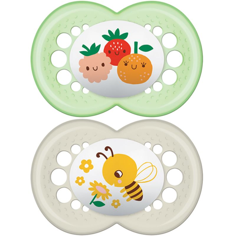 Lot de 2 sucettes anatomiques Décor classique abeille et fruits en silicone (6 mois et +) MAM
