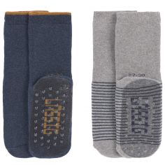 Lot de 2 paires de chaussettes antidérapantes en coton bio bleu (pointure 23-26)