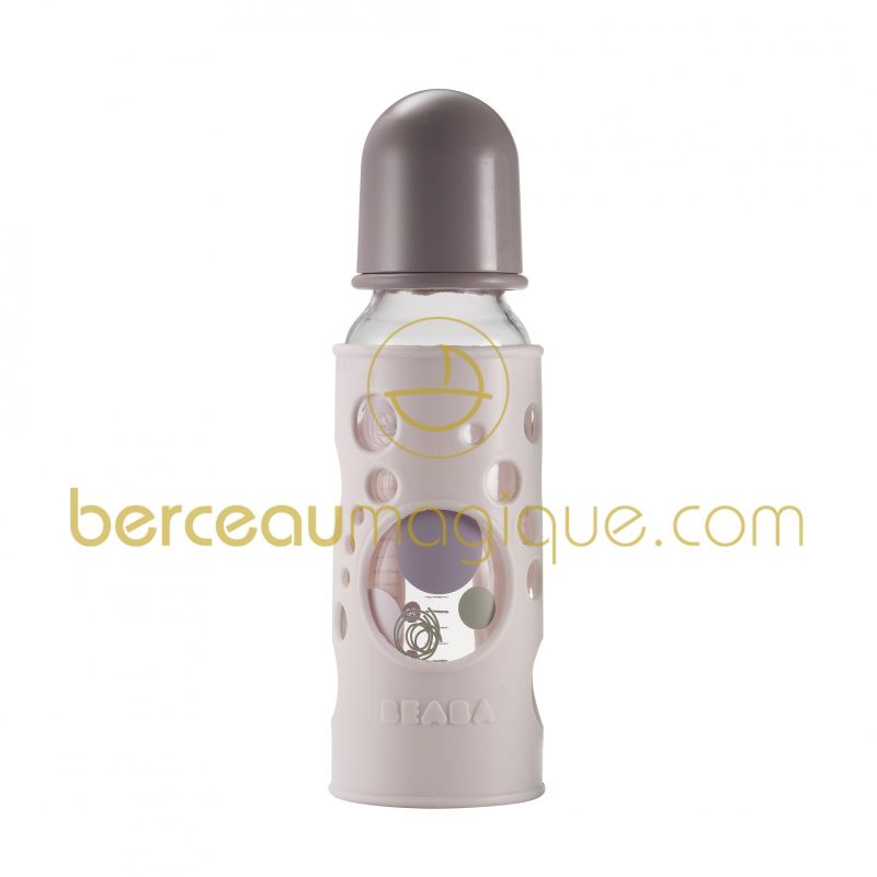 Biberon en verrre de 250 ml avec sa housse de protection poudré rose Béaba