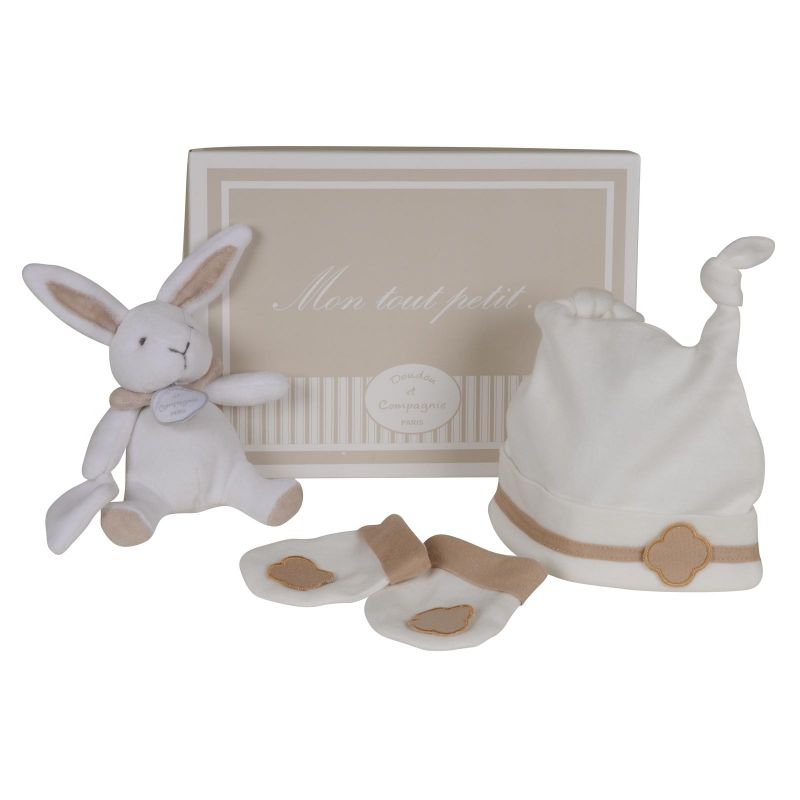 Coffret bonnet, moufles et doudou Mon tout petit lapin beige Doudou et Compagnie