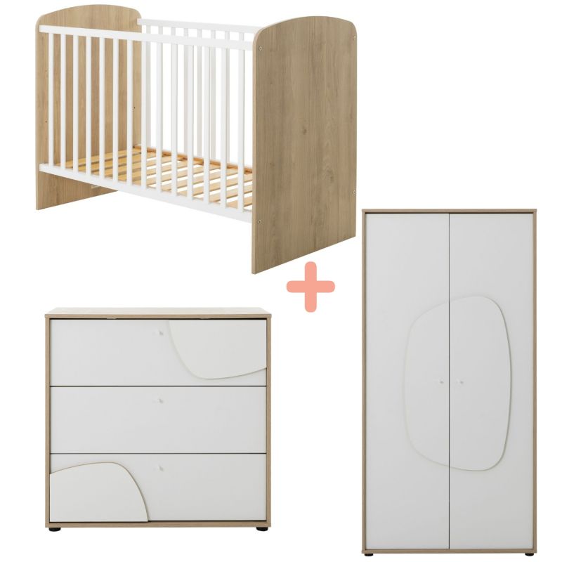 Trio Lit 60x120 cm et Commode 3 tiroirs + Armoire 2 portes Châtaignier naturel Basile Galipette Produit 1