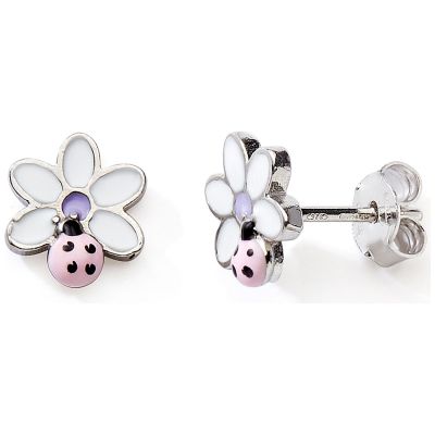 Boucles d'oreilles laquées Fleur-Coccinelle (argent)