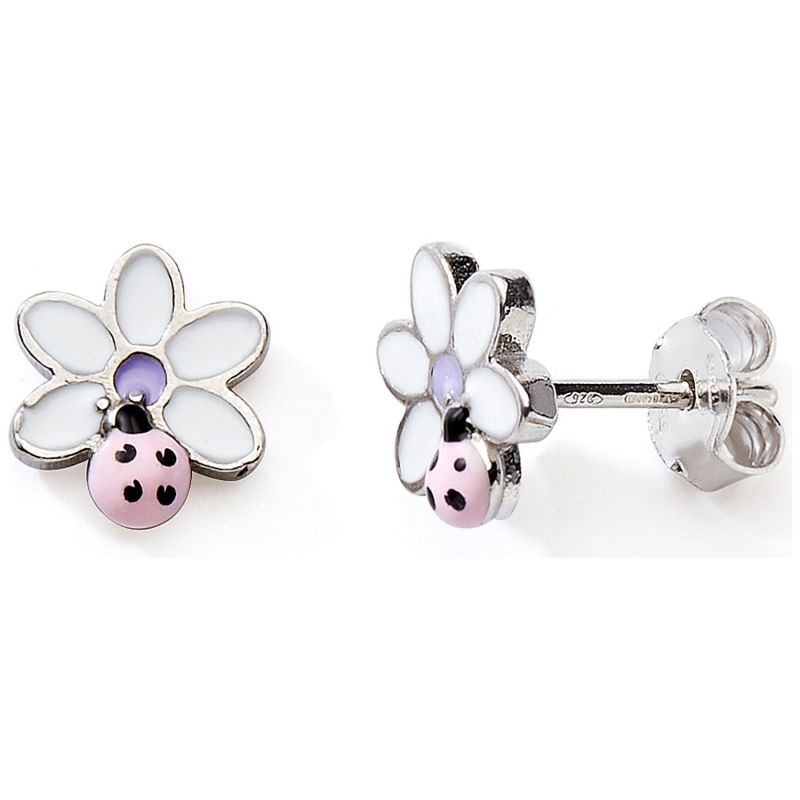 Boucles d'oreilles laquées Fleur-Coccinelle (argent) Baby bijoux Produit 1