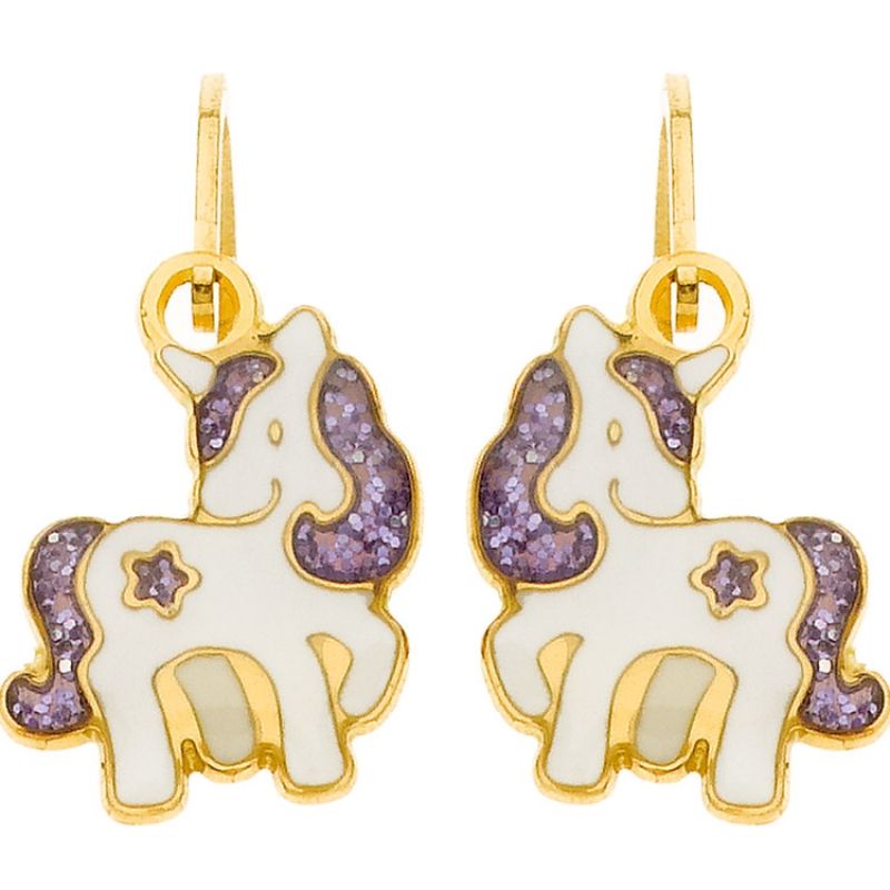 Boucles d'oreilles brisure Licorne étoile pailletée violette (or jaune 750°) Berceau magique bijoux