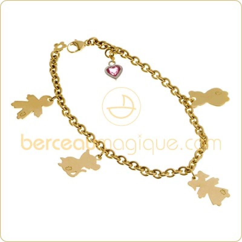 Bracelet à breloques family 4 motifs et un coeur en saphir (taille maman) Loupidou