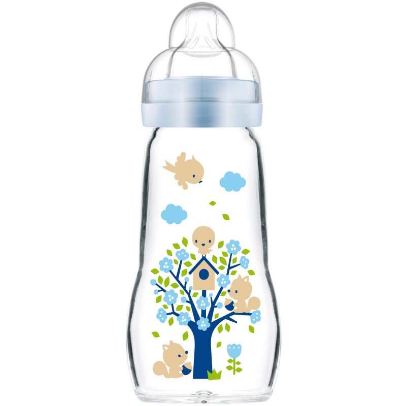 Biberon verre Opaque & Arctic Blue arbre et oiseaux - débit 2 moyen(260 ml) MAM