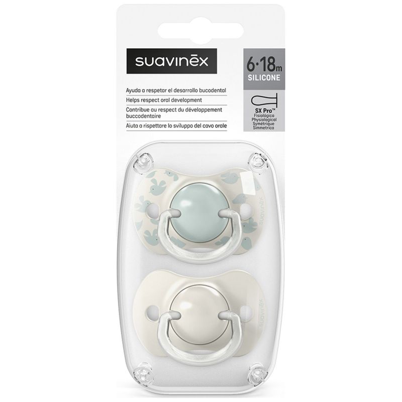 Lot de 2 sucettes symétriques SXPro Birdies Vert (6-18 mois) Suavinex Packaging 6