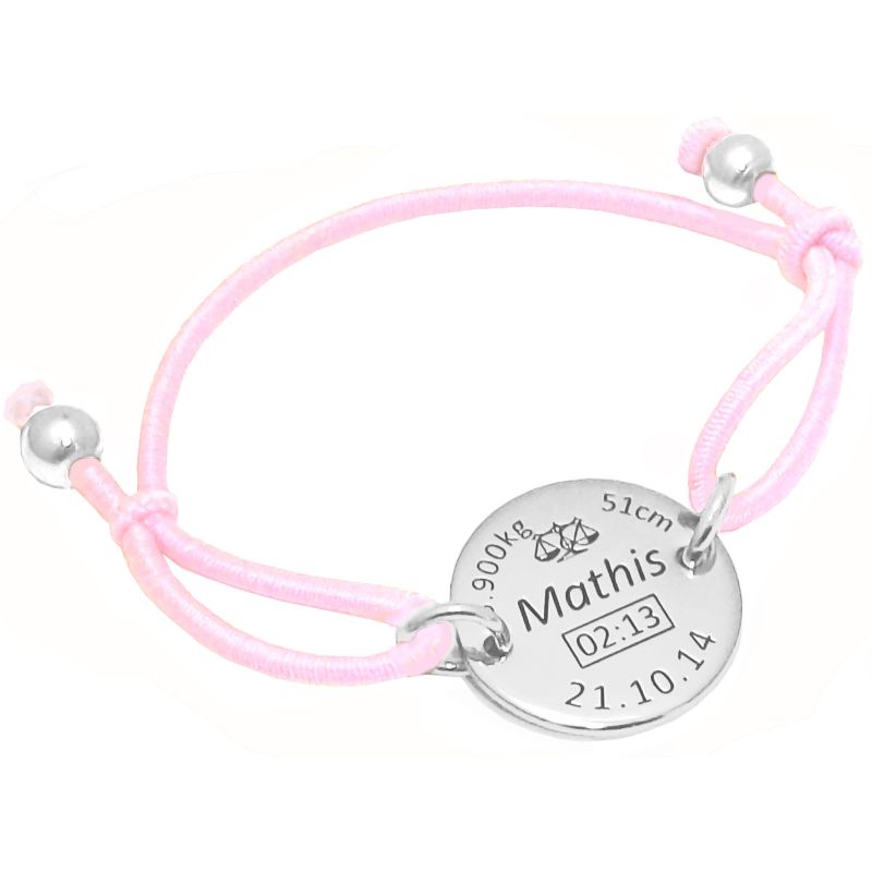 Bracelet cordon rose médaille de naissance (argent 925° rhodié) Alomi
