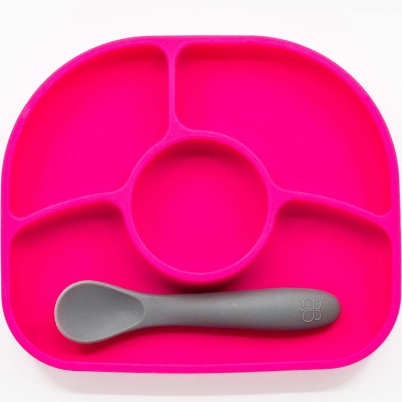 Assiette à compartiments avec ventouse et cuillère Yümi rose BBLUV