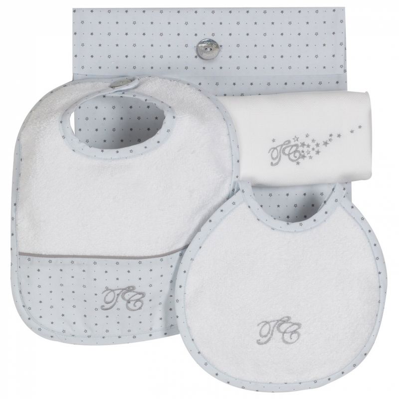 Kit de naissance ciel (lot : 1 petit bavoir, 1 grand bavoir + 1 lange) Pluie d'étoile Tartine et Chocolat