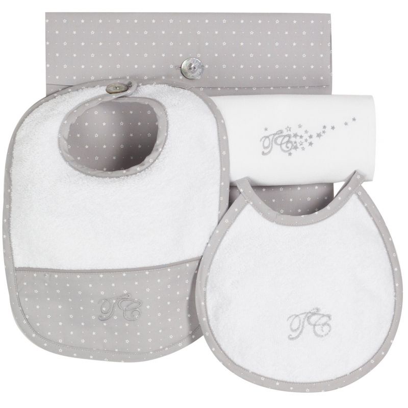 Kit de naissance gris (lot : 1 petit bavoir, 1 grand bavoir, 1 lange) Pluie d'étoile Tartine et Chocolat