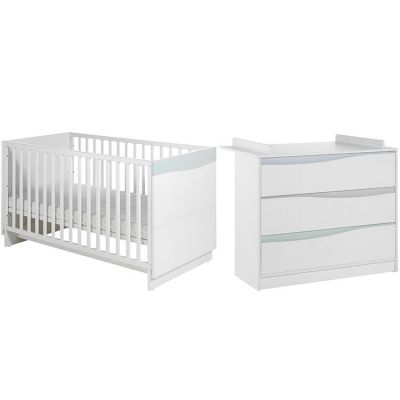 Pack duo lit bébé et commode Wave blanc et pastel Geuther