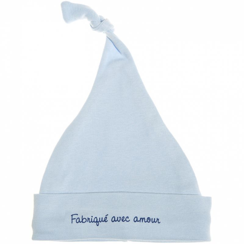 Bonnet naissance Fabriqué avec amour bleu BB & Co