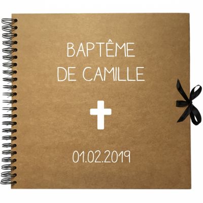 Album photo baptême personnalisable kraft et blanc (30 x 30 cm)